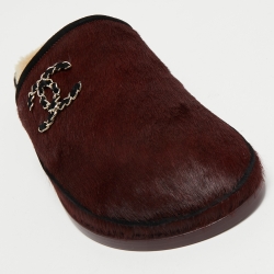 Pre Owned Chanel Burgundy Calf Hair CC Flat Mules Size 39