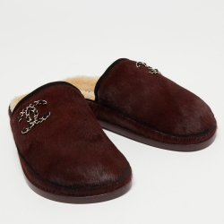 Pre Owned Chanel Burgundy Calf Hair CC Flat Mules Size 39