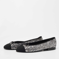 Chanel Silver/Black Sequin Tweed and Canvas CC Cap Toe Bow