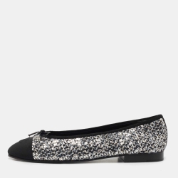 Chanel Silver/Black Sequin Tweed and Canvas CC Cap Toe Bow Ballet Flats Size  39 Chanel