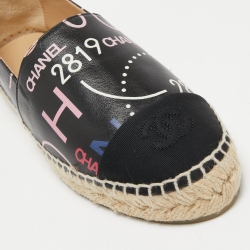 Pre Owned Chanel Black Leather and Canvas CC Cap Toe Espadrille Flats Size 37