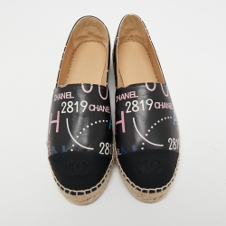 Pre Owned Chanel Black Leather and Canvas CC Cap Toe Espadrille Flats Size 37