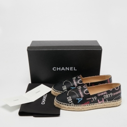 Pre Owned Chanel Black Leather and Canvas CC Cap Toe Espadrille Flats Size 37