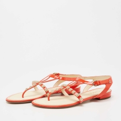 Pre Owned Chanel Orange Patent Leather CC Camellia Studs Thong Flats Size 37.5 