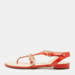 Pre Owned Chanel Orange Patent Leather CC Camellia Studs Thong Flats Size 37.5 