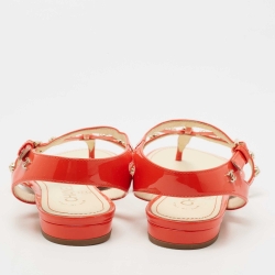 Pre Owned Chanel Orange Patent Leather CC Camellia Studs Thong Flats Size 37.5 