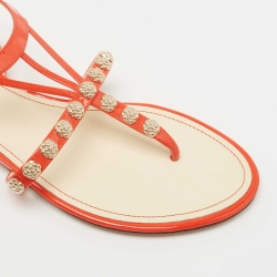 Pre Owned Chanel Orange Patent Leather CC Camellia Studs Thong Flats Size 37.5 
