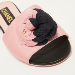 Chanel Pink/Navy Blue Canvas CC Camelia Flat Slides Size 37