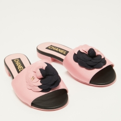 Chanel Pink/Navy Blue Canvas CC Camelia Flat Slides Size 37