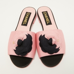 Chanel Pink/Navy Blue Canvas CC Camelia Flat Slides Size 37