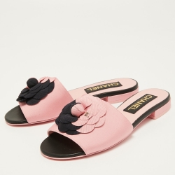 Chanel Pink/Navy Blue Canvas CC Camelia Flat Slides Size 37