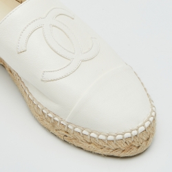 Pre Owned Chanel White Leather Interlocking CC Logo Espadrille Flats Size 39