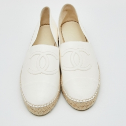 Pre Owned Chanel White Leather Interlocking CC Logo Espadrille Flats Size 39