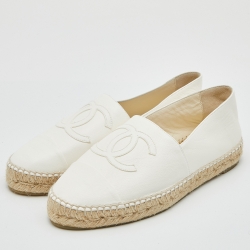 Pre Owned Chanel White Leather Interlocking CC Logo Espadrille Flats Size 39