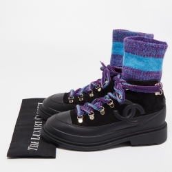 Chanel Black/Blue Leather and Fabric Ankle Books Size 38   