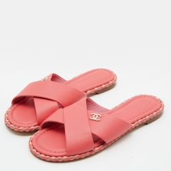 Pre Owned Chanel Peach Leather Braided Trim Criss Cross CC Flat Slides Size 36