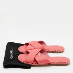 Pre Owned Chanel Peach Leather Braided Trim Criss Cross CC Flat Slides Size 36