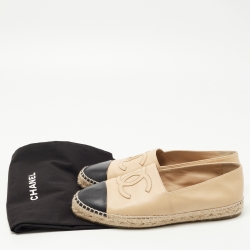 Pre Owned Chanel Beige/Black Leather Cap Toe CC Espadrille Flats Size 42
