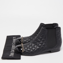 Chanel Black Quilted Leather and Patent Cap Toe Chain Detail Ankle Boots Size 39.5