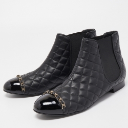 Chanel Black Quilted Leather and Patent Cap Toe Chain Detail Ankle Boots Size 39.5