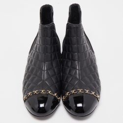 Chanel Black Quilted Leather and Patent Cap Toe Chain Detail Ankle Boots Size 39.5