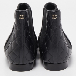 Chanel Black Quilted Leather and Patent Cap Toe Chain Detail Ankle Boots Size 39.5