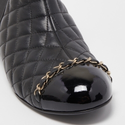 Chanel Black Quilted Leather and Patent Cap Toe Chain Detail Ankle Boots Size 39.5