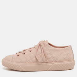 Pre Owned Chanel Pink Canvas Cloth Quilted Logo Low Top Sneakers Size 38