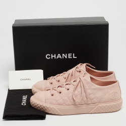 Pre Owned Chanel Pink Canvas Cloth Quilted Logo Low Top Sneakers Size 38