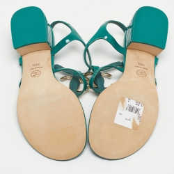 Pre Owned Chanel Green Patent Leather Embellished CC T-Bar Ankle Strap Sandals Size 39.5