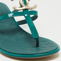 Pre Owned Chanel Green Patent Leather Embellished CC T-Bar Ankle Strap Sandals Size 39.5