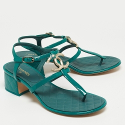 Pre Owned Chanel Green Patent Leather Embellished CC T-Bar Ankle Strap Sandals Size 39.5