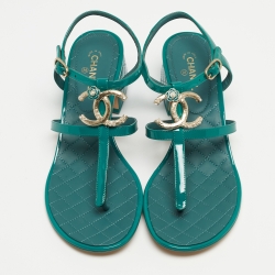 Pre Owned Chanel Green Patent Leather Embellished CC T-Bar Ankle Strap Sandals Size 39.5