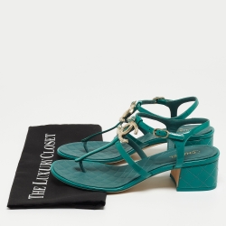 Pre Owned Chanel Green Patent Leather Embellished CC T-Bar Ankle Strap Sandals Size 39.5