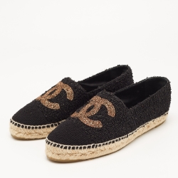 Pre Owned Chanel Black Tweed CC Espadrille Flats Size 41