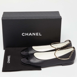 Pre Owned Chanel Black Leather and Patent CC Chain Cap Toe Ballet Flats Size 38.5