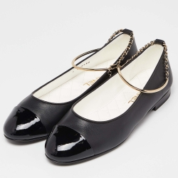 Pre Owned Chanel Black Leather and Patent CC Chain Cap Toe Ballet Flats Size 38.5