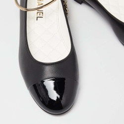 Pre Owned Chanel Black Leather and Patent CC Chain Cap Toe Ballet Flats Size 38.5