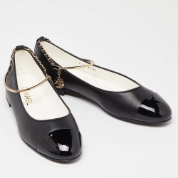 Pre Owned Chanel Black Leather and Patent CC Chain Cap Toe Ballet Flats Size 38.5