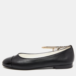 Pre Owned Chanel Black Leather and Patent CC Chain Cap Toe Ballet Flats Size 38.5