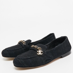 Pre Owned Chanel Black Tweed And Leather Chain Charms Cap Toe Smoking Slippers Size 39