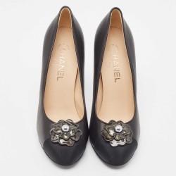 Pre Owned Chanel Black Leather Embellishment Camellia Pumps Size 39