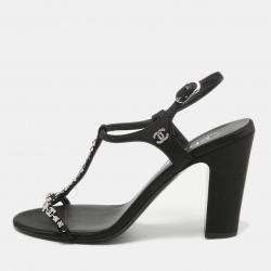 Chanel Black  Satin Crystal Embellished CC Logo Sandals Size 37