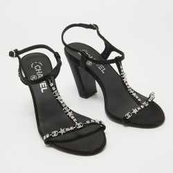 Chanel Black  Satin Crystal Embellished CC Logo Sandals Size 37