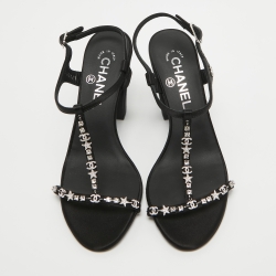 Chanel Black  Satin Crystal Embellished CC Logo Sandals Size 37