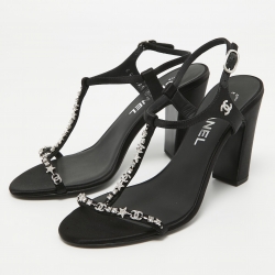 Chanel Black  Satin Crystal Embellished CC Logo Sandals Size 37