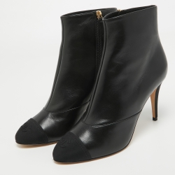 Chanel Black Leather and CC Fabric Cap Toe Ankle Booties Size 40.5