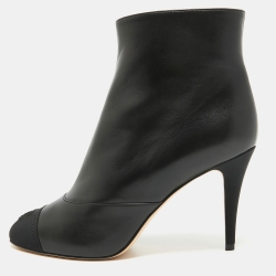 Chanel Black Leather and CC Fabric Cap Toe Ankle Booties Size 40.5