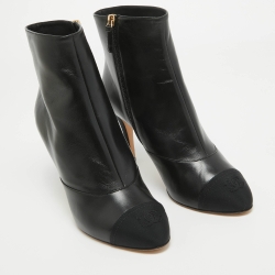Chanel Black Leather and CC Fabric Cap Toe Ankle Booties Size 40.5
