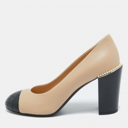 Pre Owned Chanel Beige/Brown Leather Pearl Accents Pumps Size 39.5